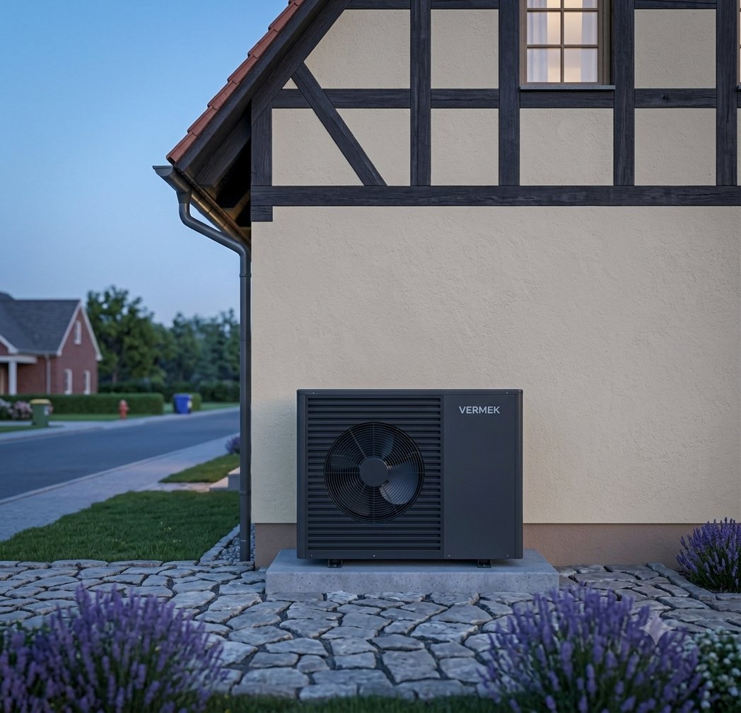 VERMEK Wärmepumpe an einem Wohnhaus